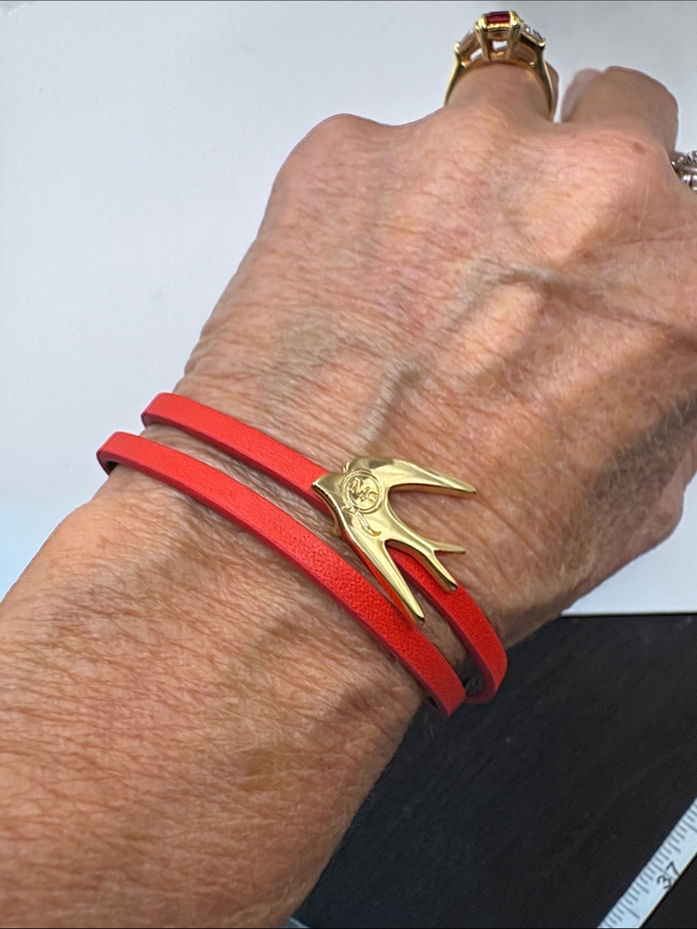 Alexander McQueen Red Double-Wrap Bracelet with Gold Dove Charm